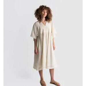 World Of Crow Boxy Sleeve Summer Dress Cotton Cottagecore Boho Cream XS Prairie
